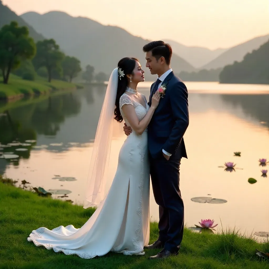 Bride and Groom Embrace by Dong Nai Lake, Vietnam