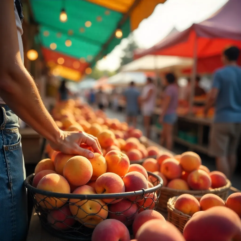 Fresh Peaches at a Sunlit Outdoor Market Stall