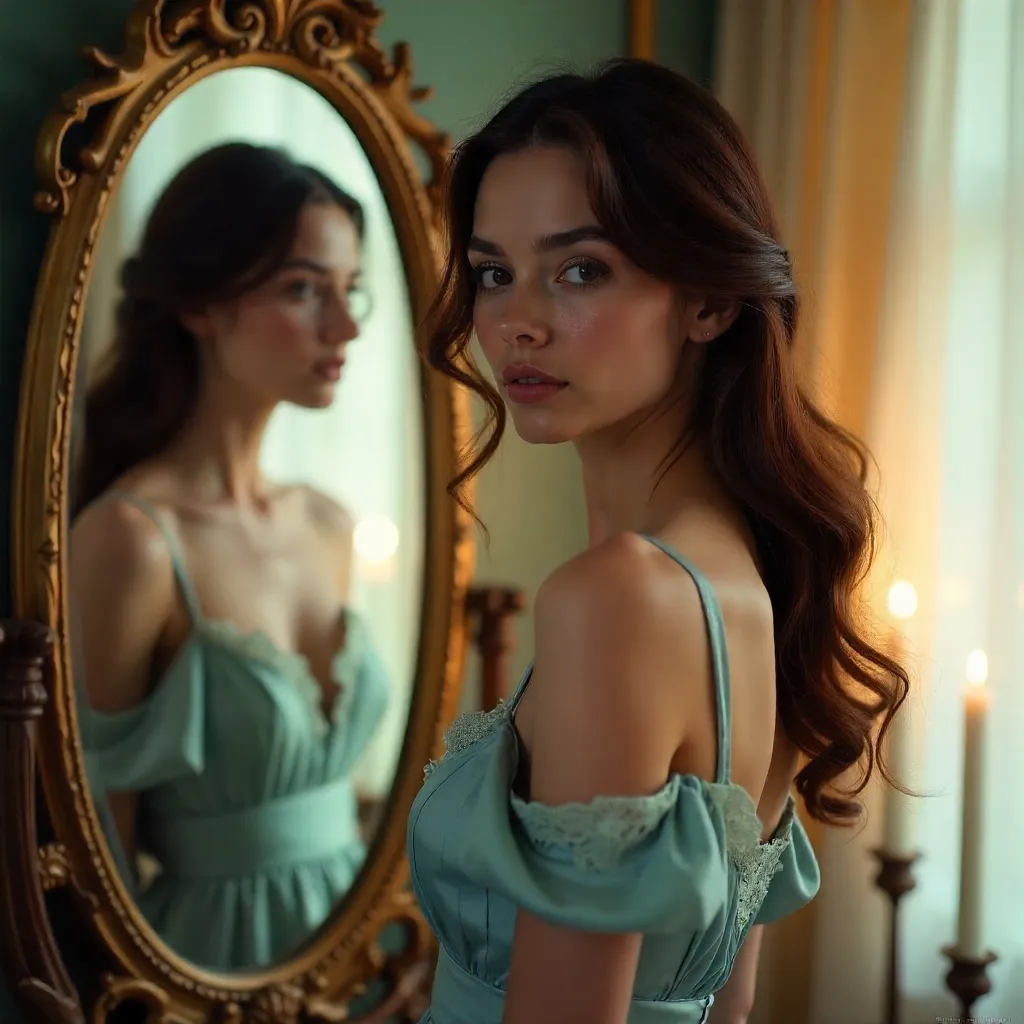 Serene Portrait with Mirror Reflection in Soft Light