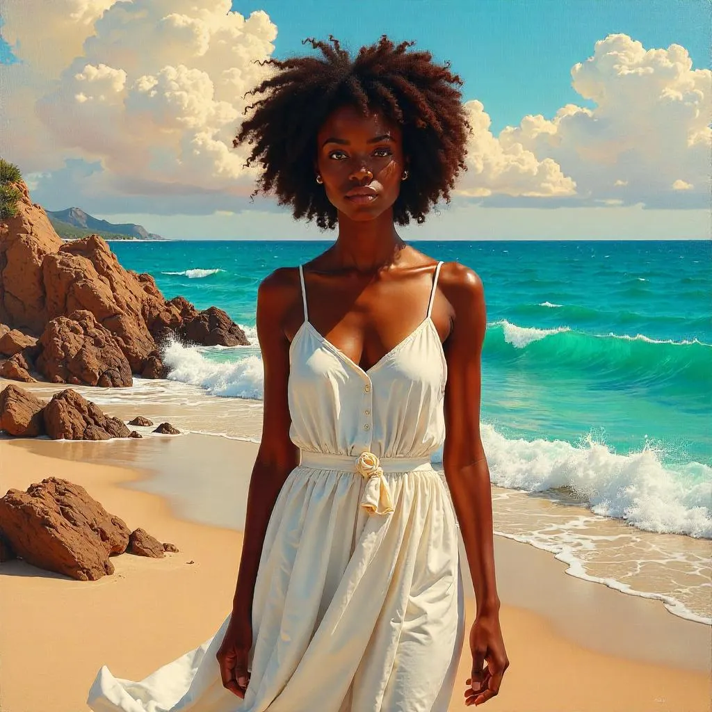 Confident Black Woman in an Oil Painting on the Beach