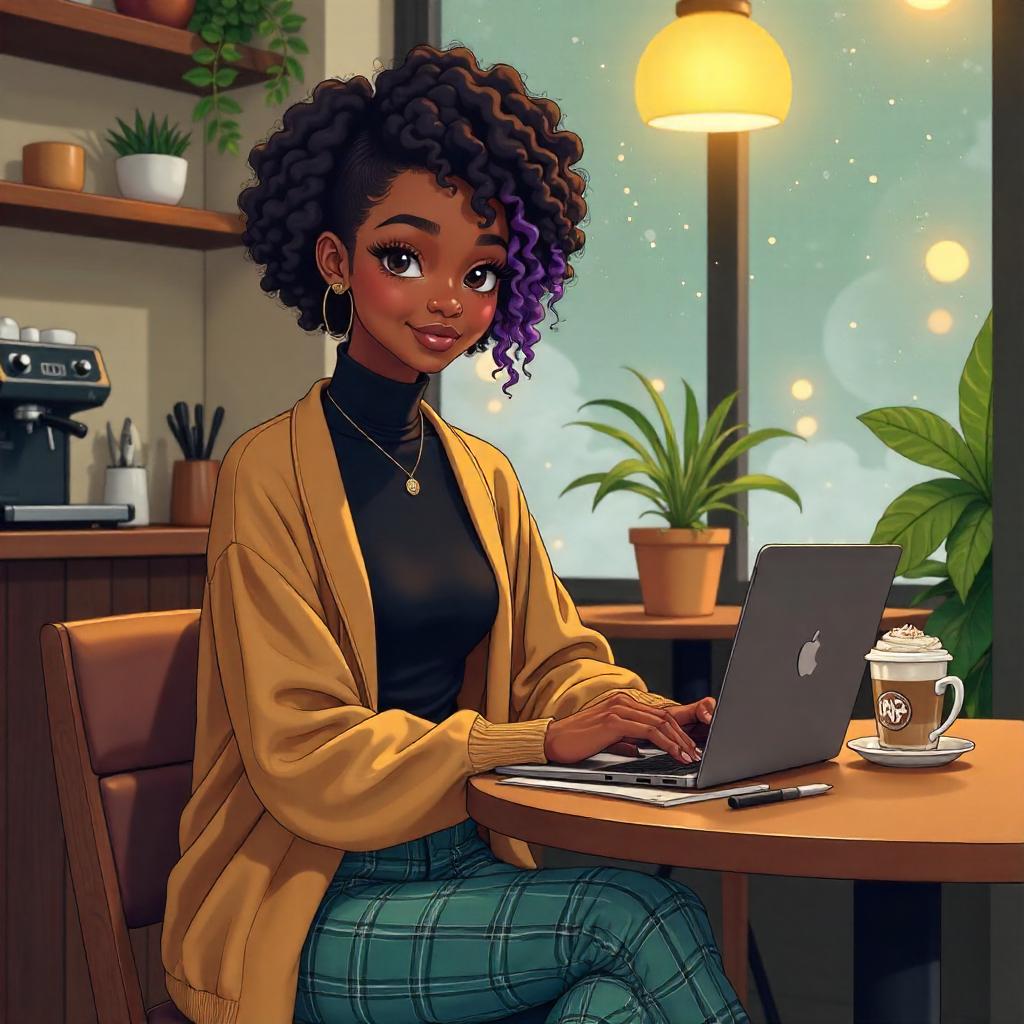 Anime Style: Stylish Black Girl in a Cozy Coffee Shop