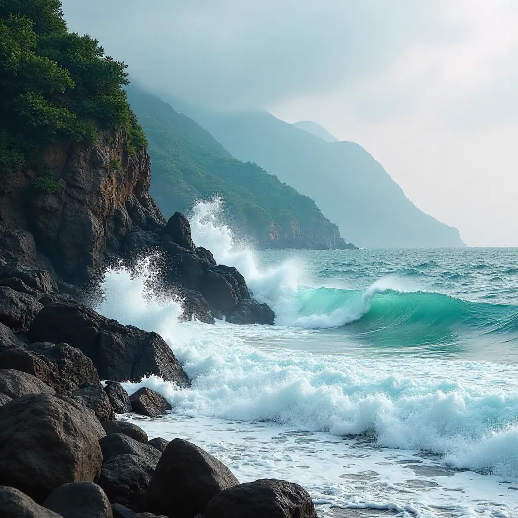Mist-Shrouded Waves at Hualien with Mountain Backdrop