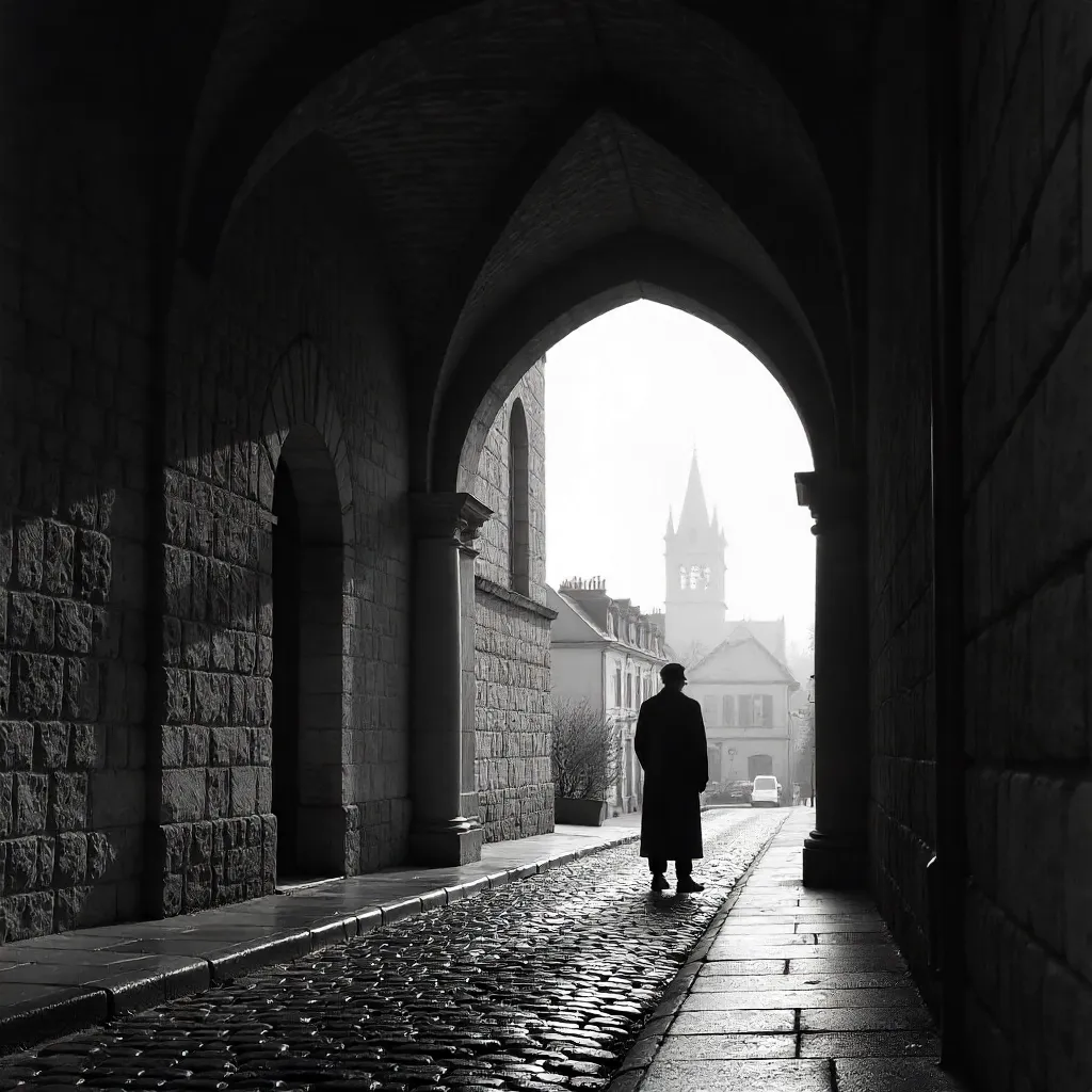 Solitary Figure Under Pau Archway in Monochrome