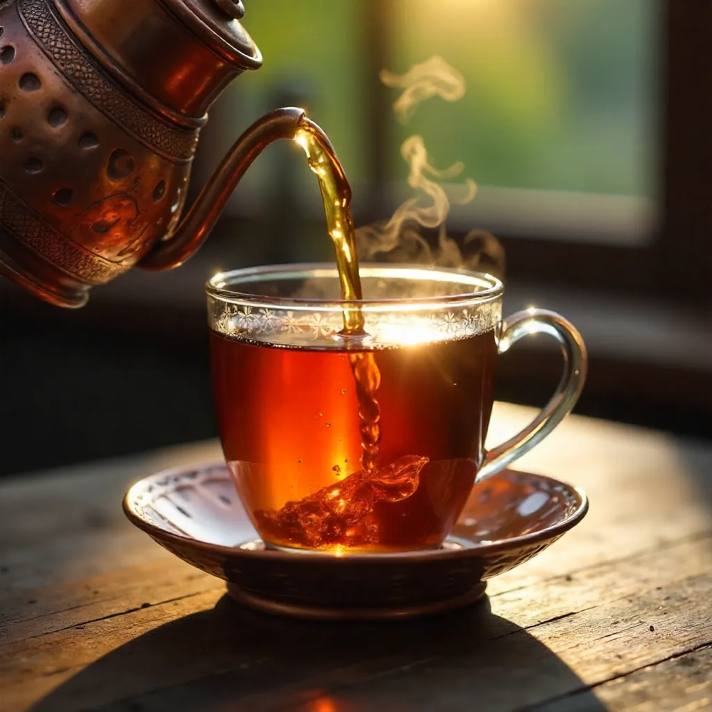 Aromatic Tea Pour into Copper-Holder Glass Cup