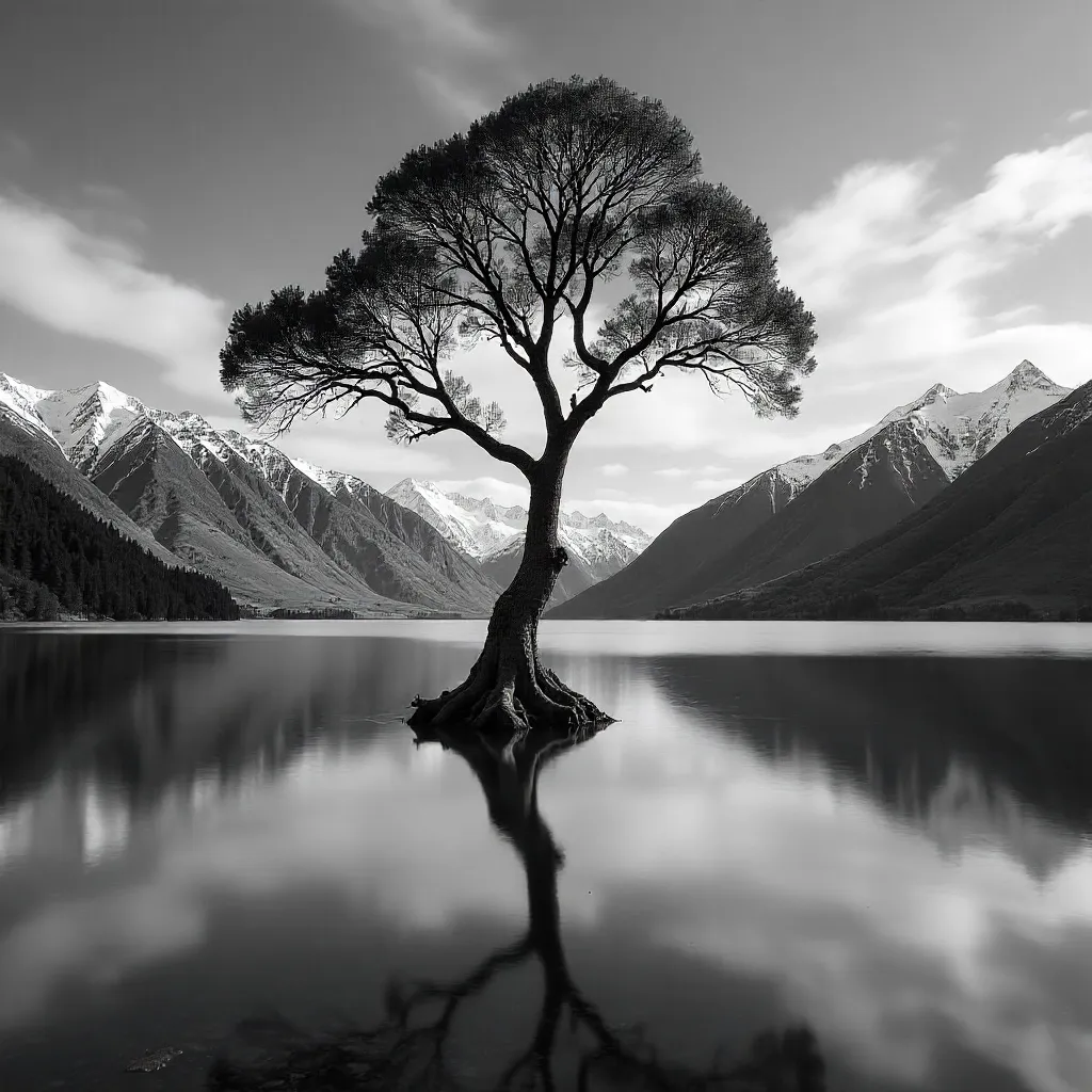 Monochrome Wanaka Tree against Snowy Alpine Backdrop