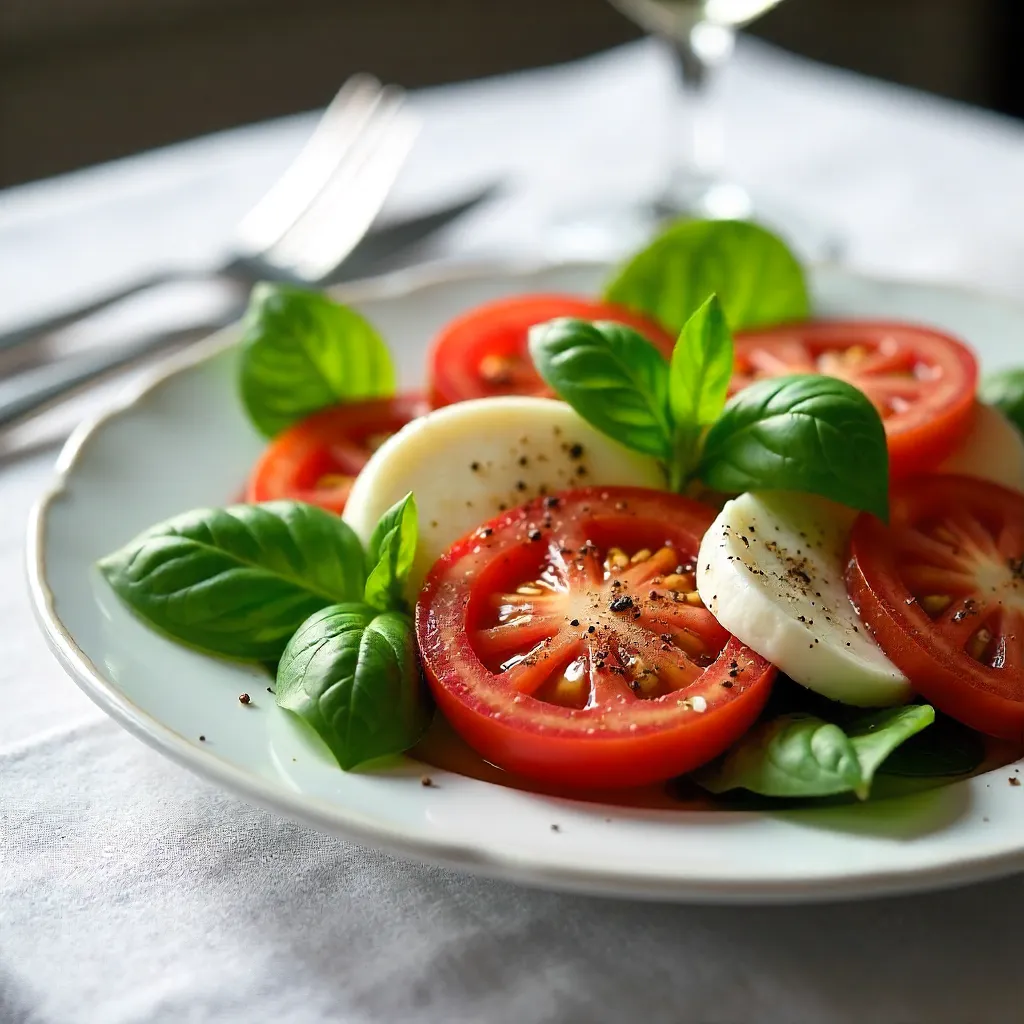 Fresh Caprese Salad on White Linen Tablecloth