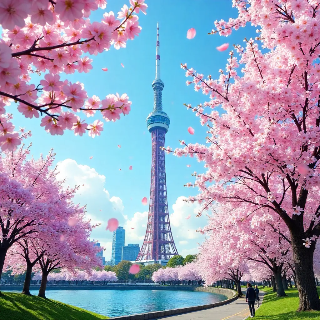 Tokyo Skytree Among Blooming Sakura in Sumida