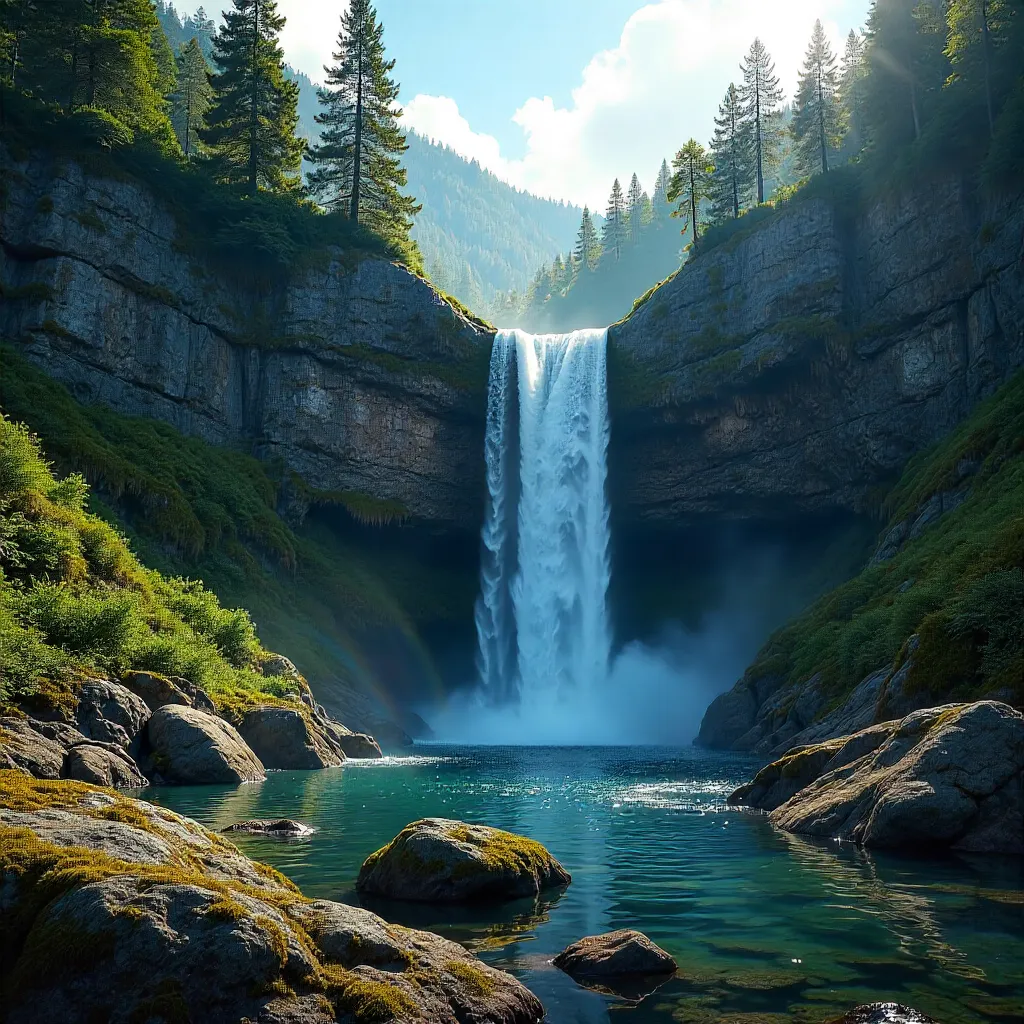 Stunning Waterfall Over Rocky Cliffs in a Lush Forest