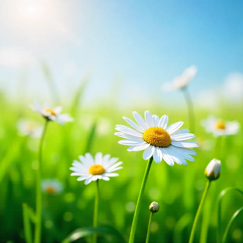Daisies Blooming on a Lush Green Meadow in Morning Light