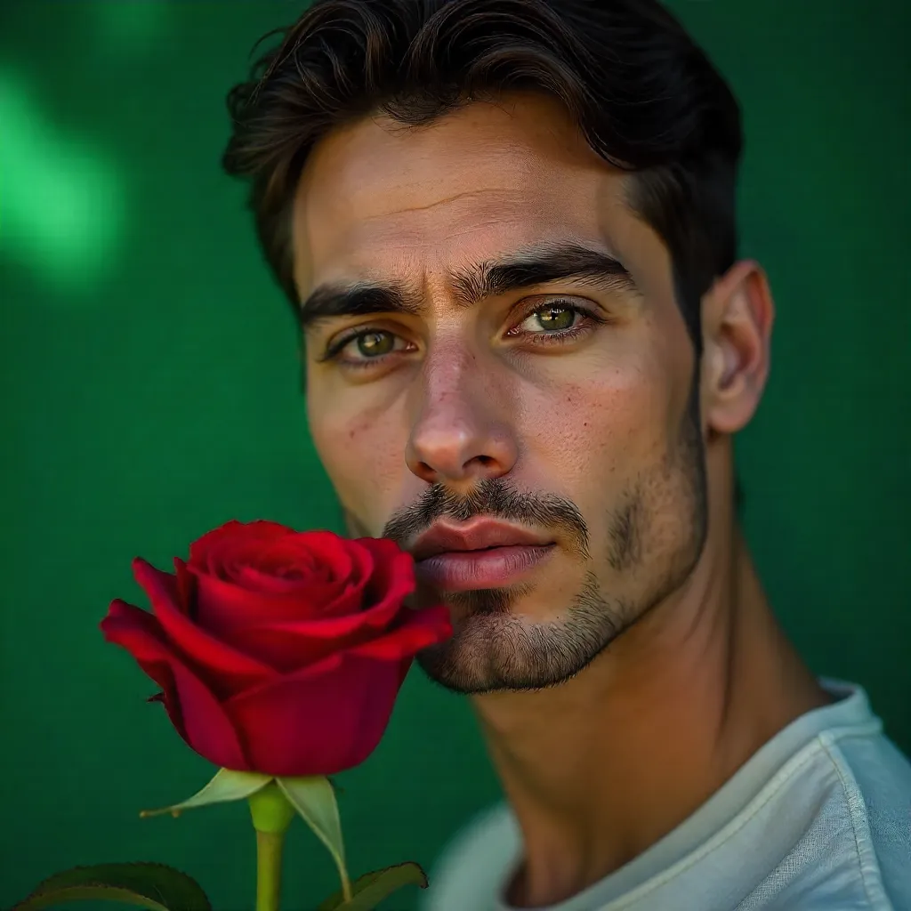 Close-Up Portrait of a Man Holding a Red Rose Against Green Backdrop