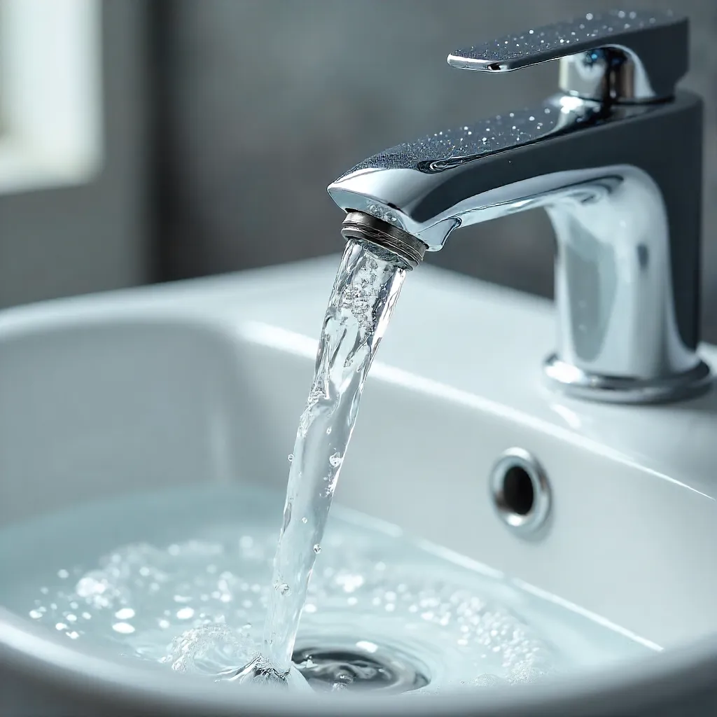 Macro Close-Up: Water Flow from Faucet into Sink