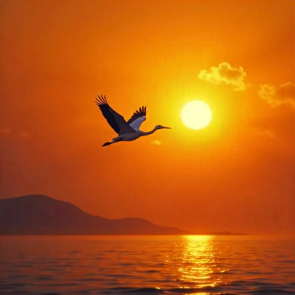 Stork of Freedom at Orange Sunset