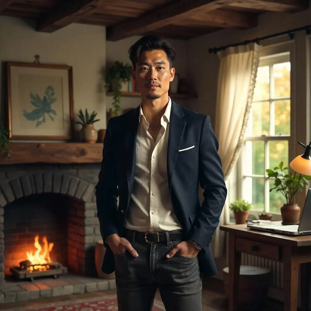 Confident Asian Man in a Cozy Cottage - Digital Art
