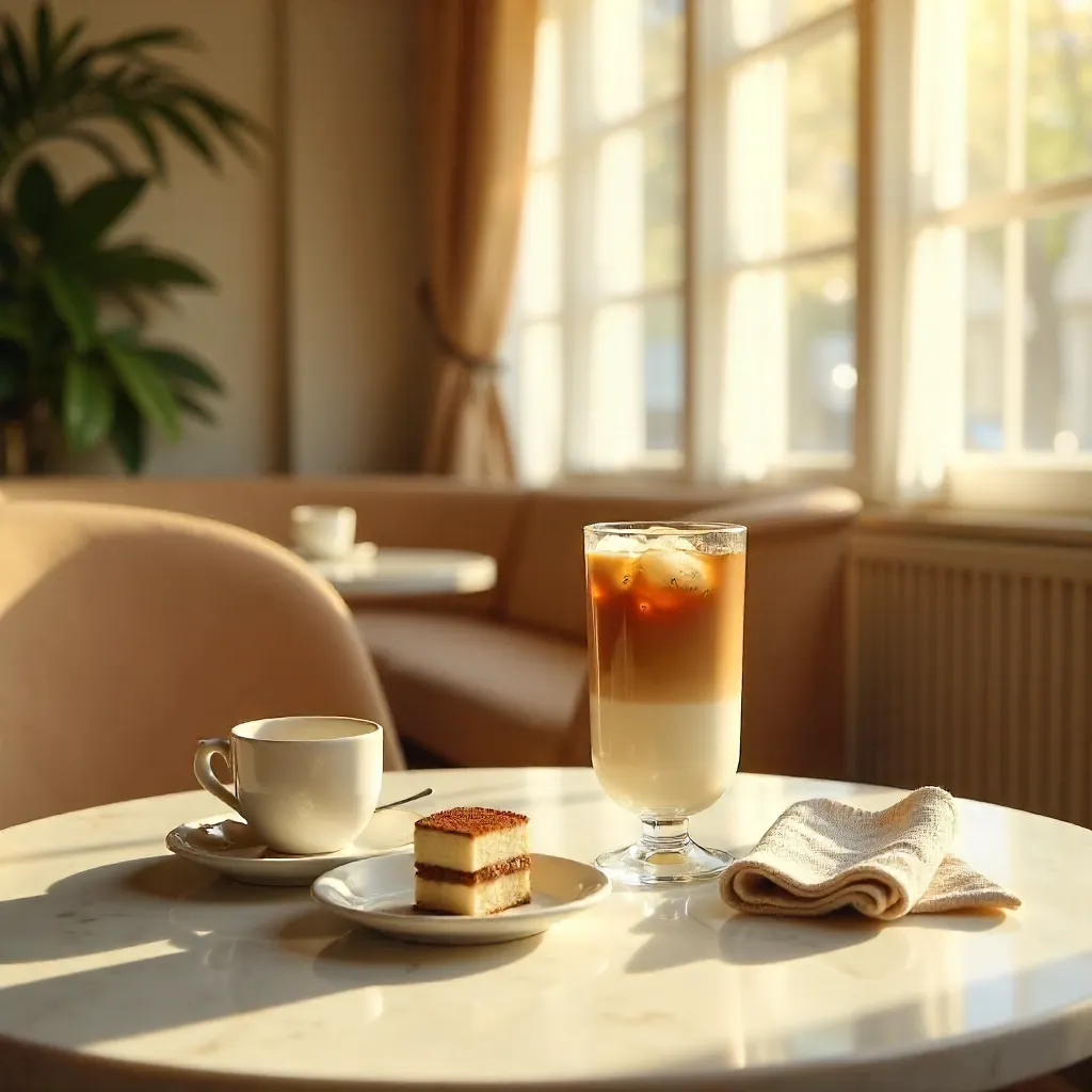 Elegant Café Scene with Iced Latte and Tiramisu in Soft Sunlight