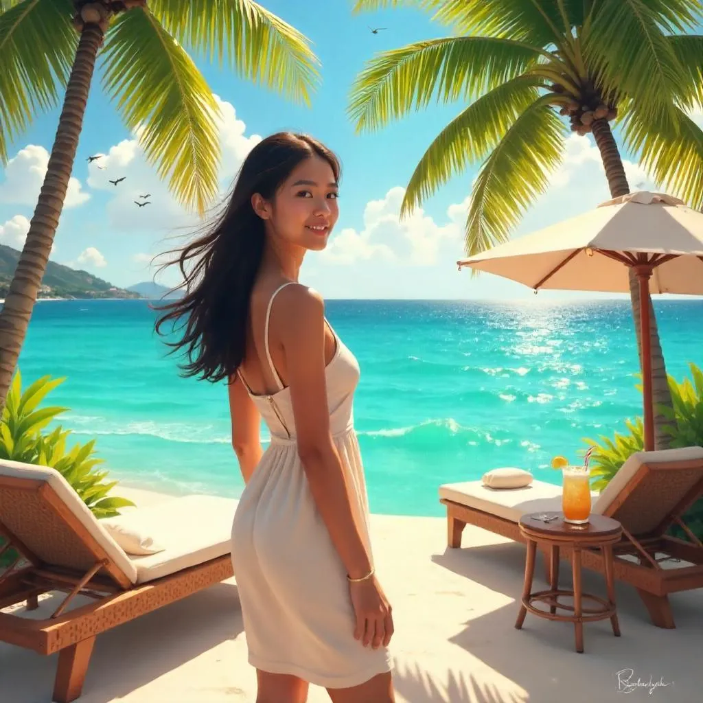 Sunlit Beach Resort Portrait of a Young Asian Woman
