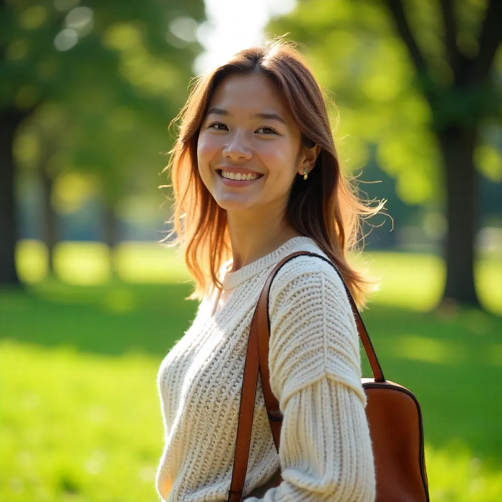 Sunny Day Smile: White Sweater and Leather Bag