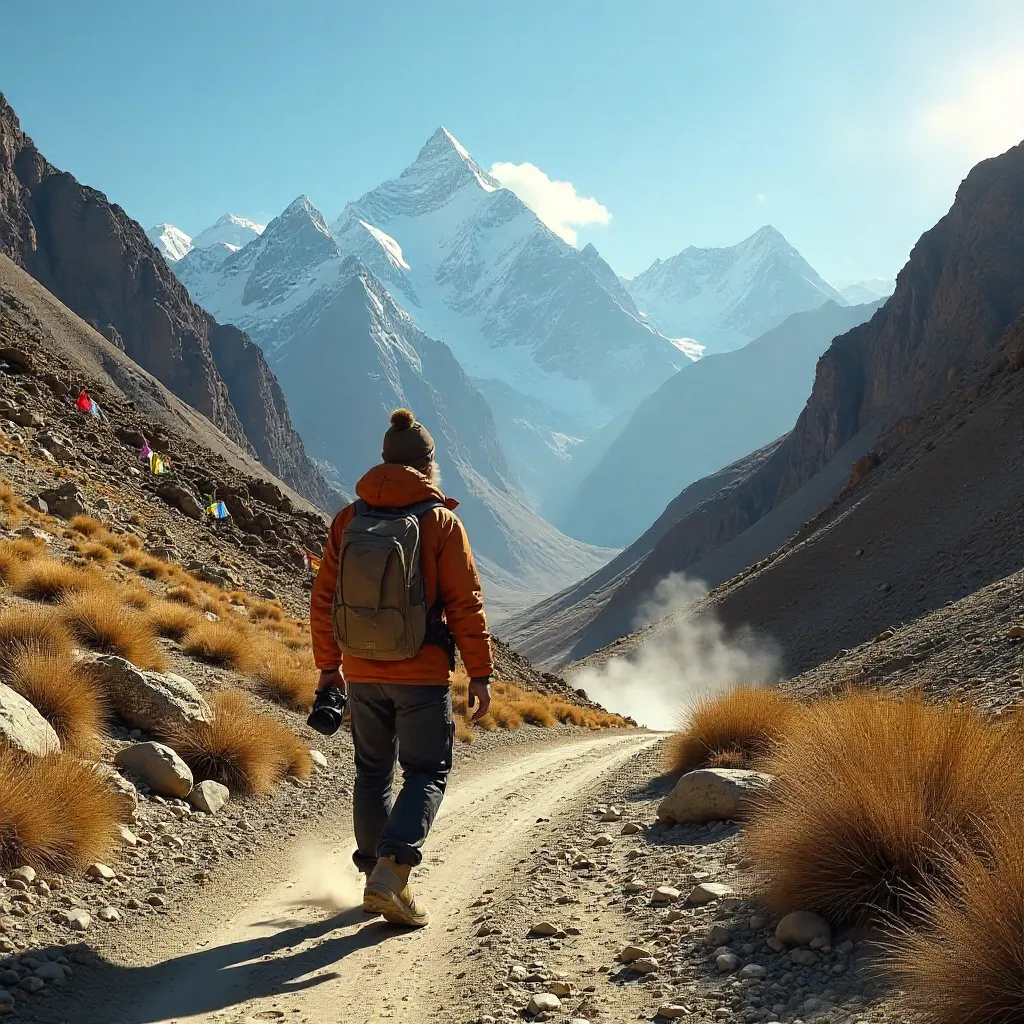 Man with Camera Walking in Spiti Valley