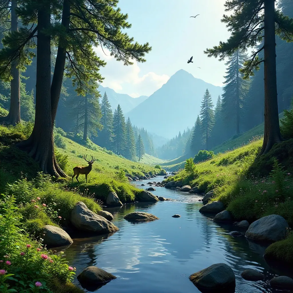 Tranquil Forest Valley with a Gentle Stream