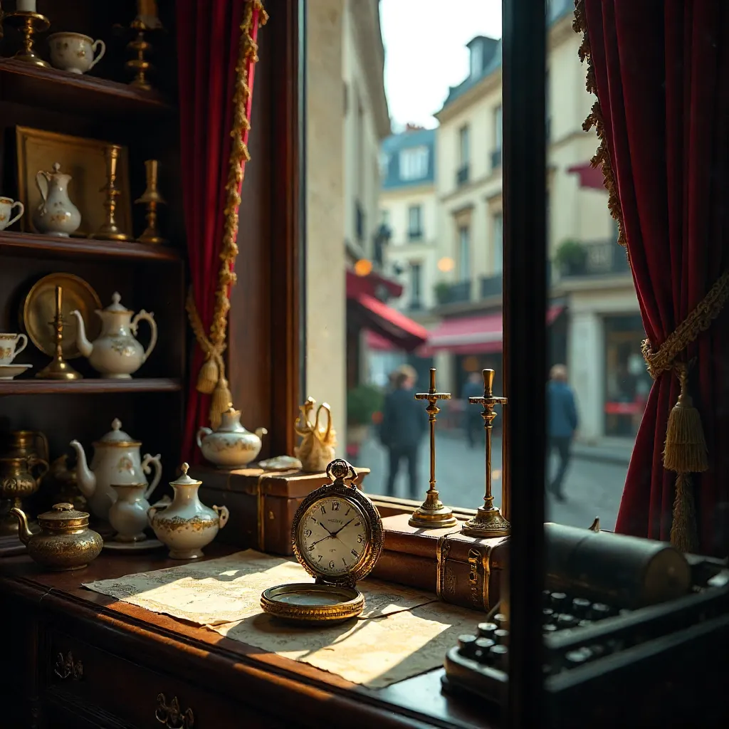 Parisian Antique Shop Window of Vintage Treasures