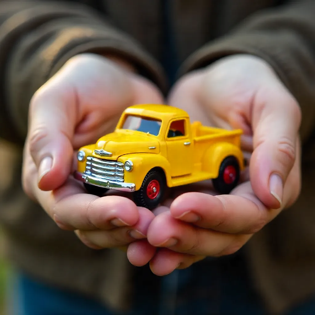 Macro close-up: hands cradle a tiny yellow toy truck