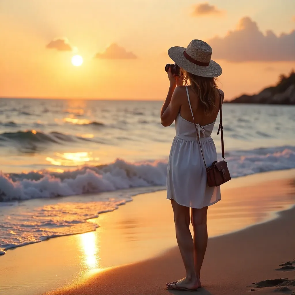 Sunset Beach Serenade: Woman with Camera Capturing Serenity