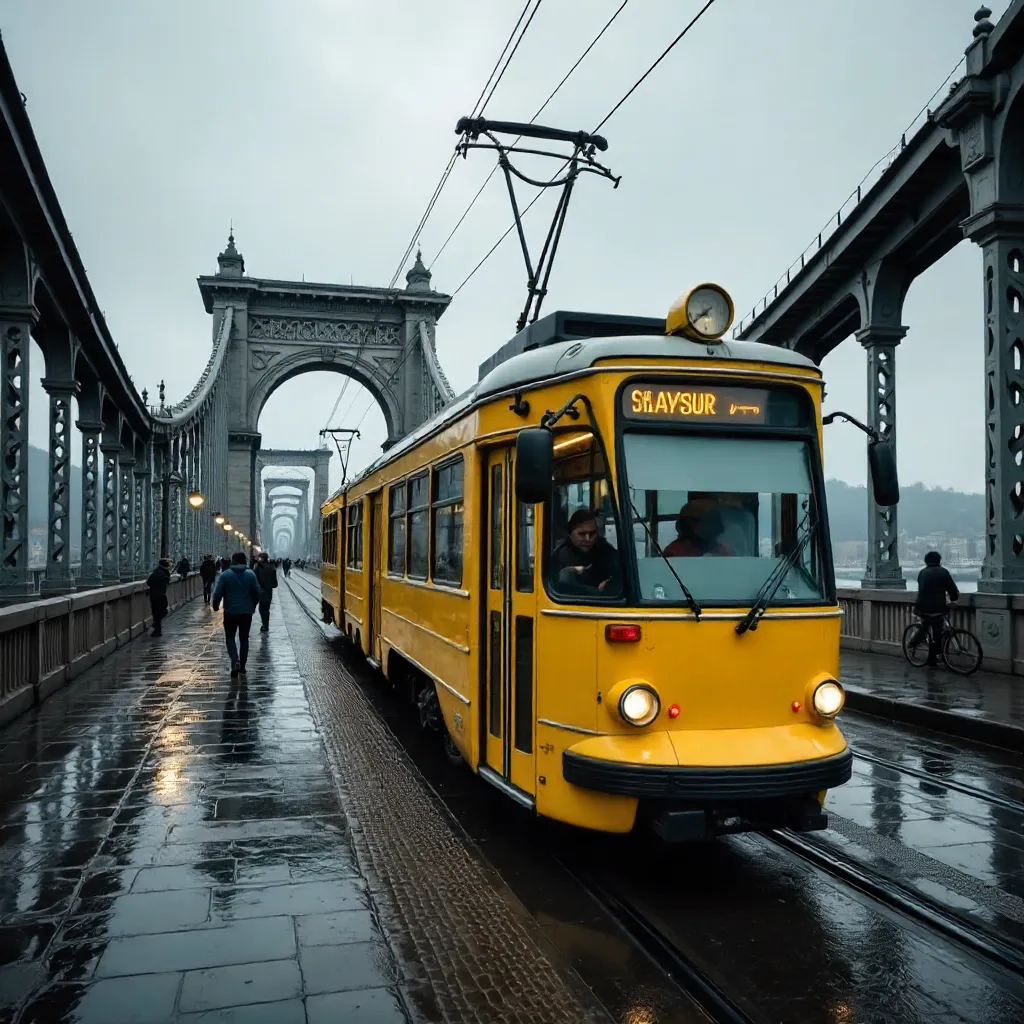 Yellow Tram Crossing Liberty Bridge, Budapest