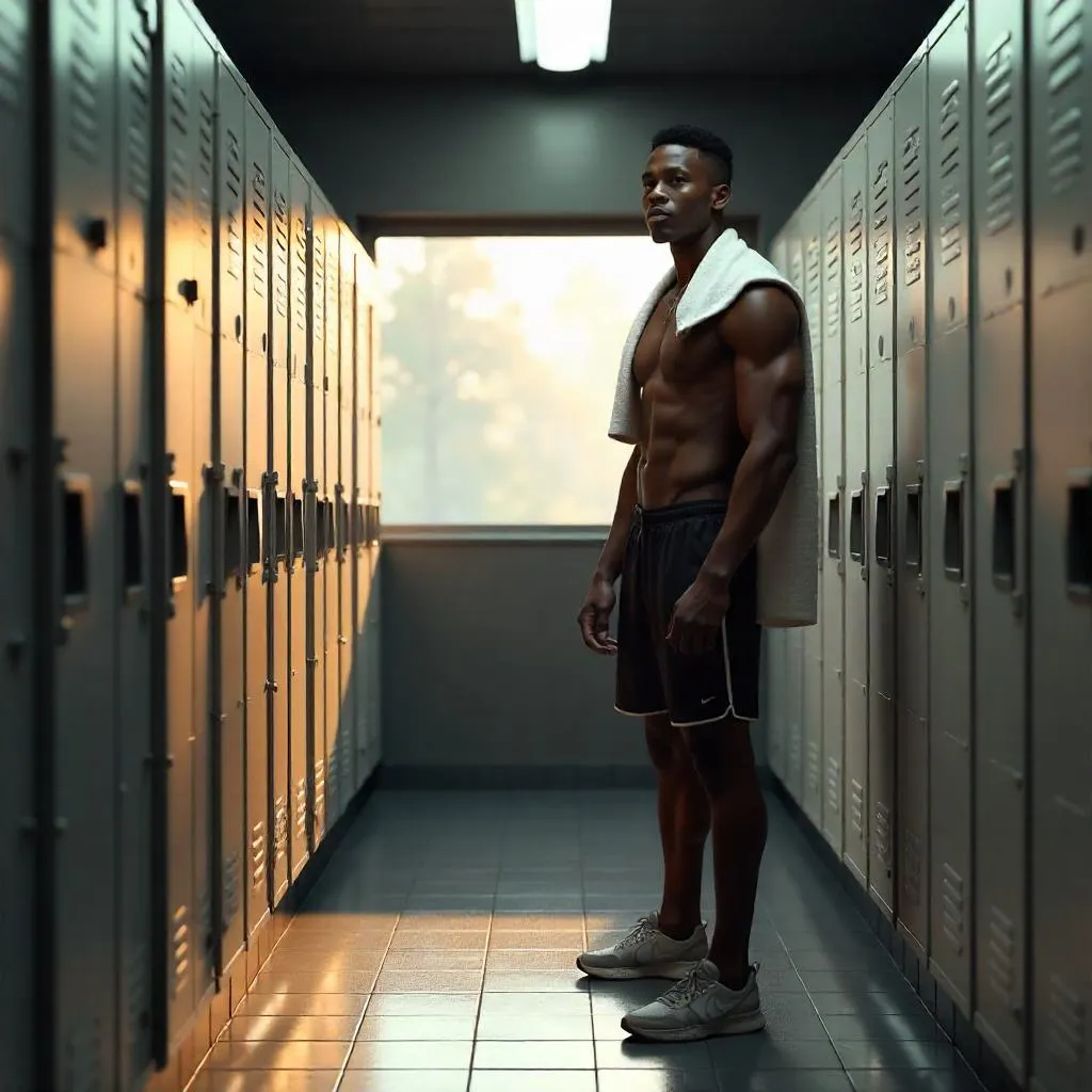3D Render: Young Black Man in a Locker Room