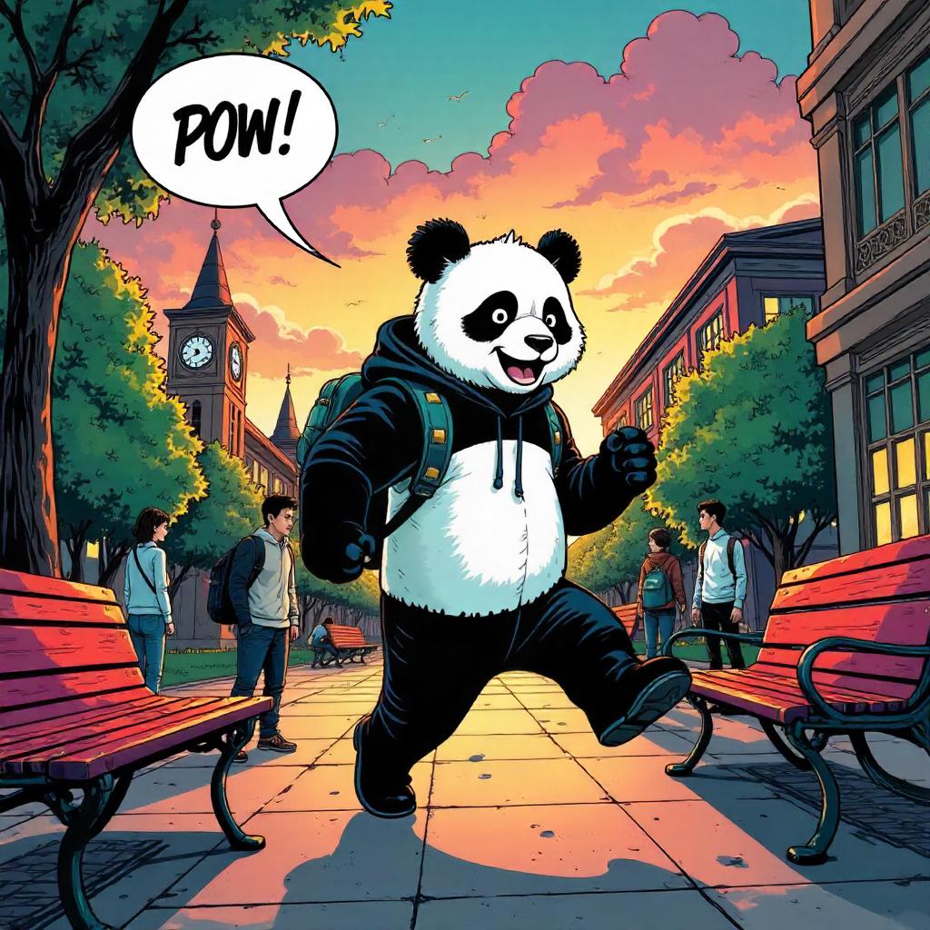 Panda Hero on Campus in Comic Book Style