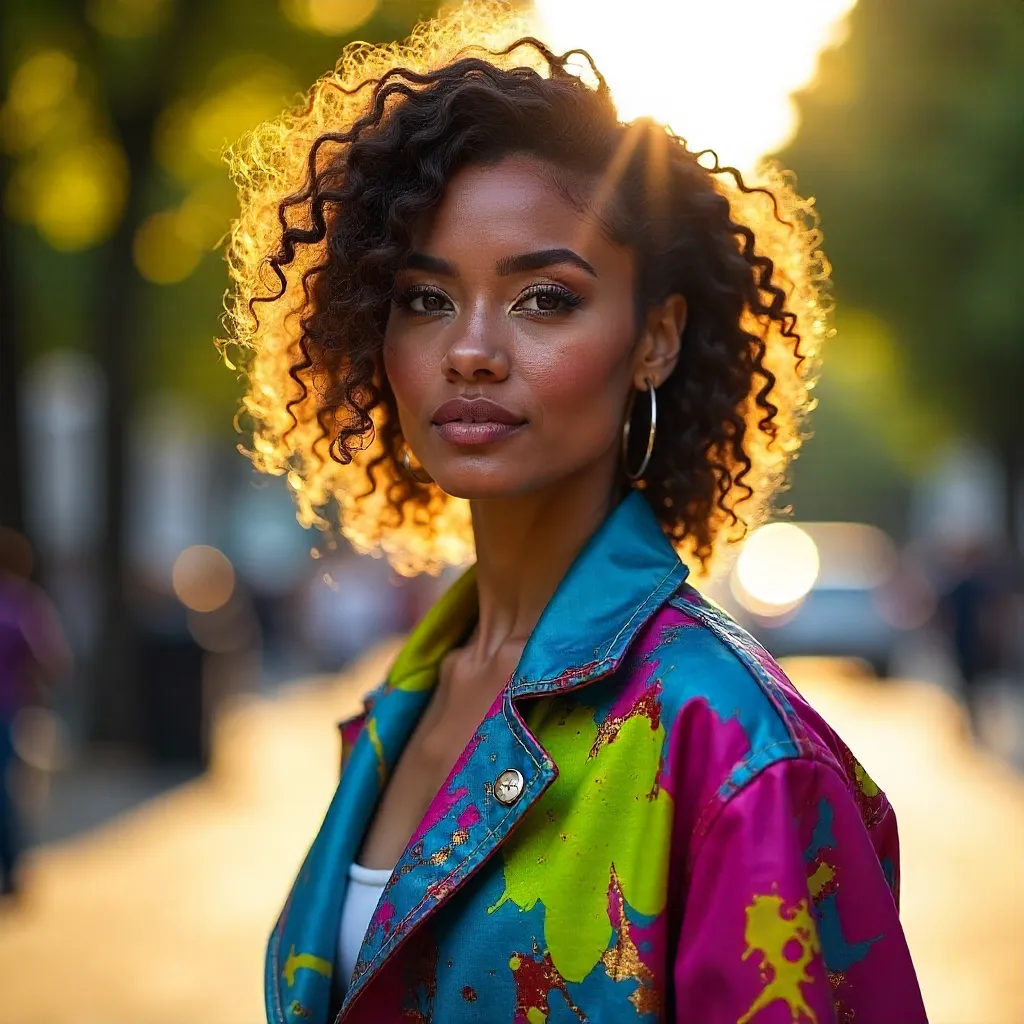 Portrait of a Stylish Woman in a Vibrant Artistic Jacket Outdoors