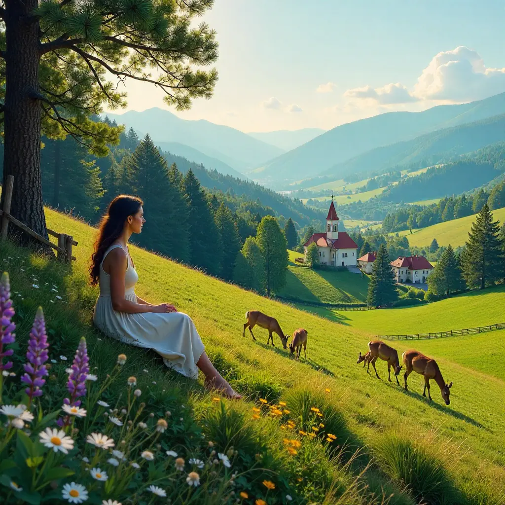 Woman Among Deer in Slovenian Hills and Village Church