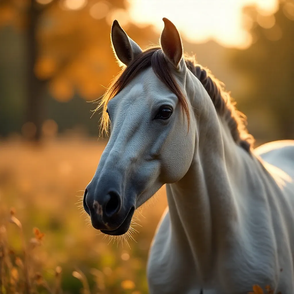 Close-Up of a Calm Camargue Horse in Autumn Meadow