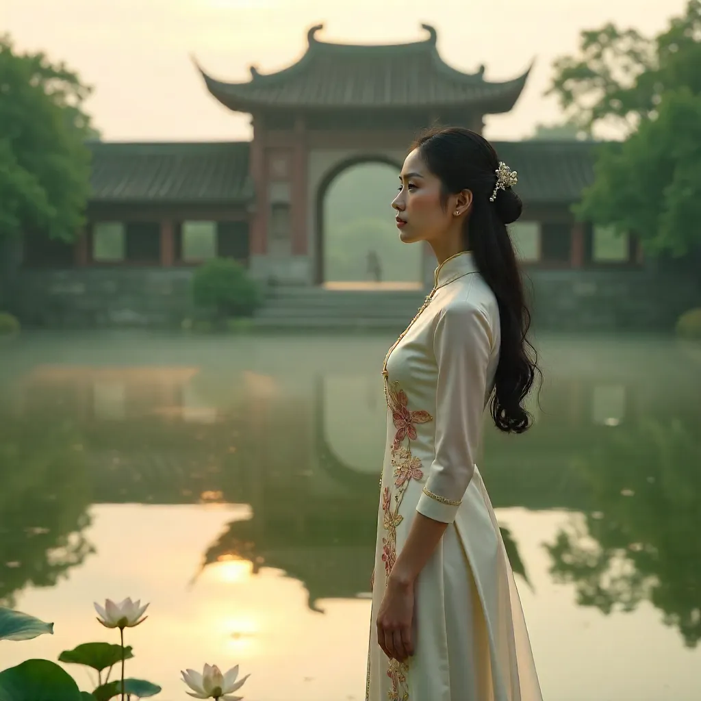 Elegant Ao Dai by Temple with Serene Water Reflection