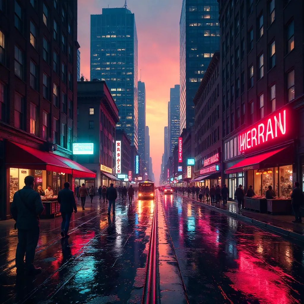 Neon Rain: A Bustling Downtown at Dusk