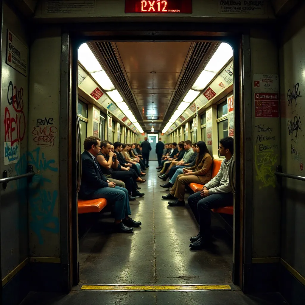 View Through NYC Subway Emergency Exit Capturing Passengers