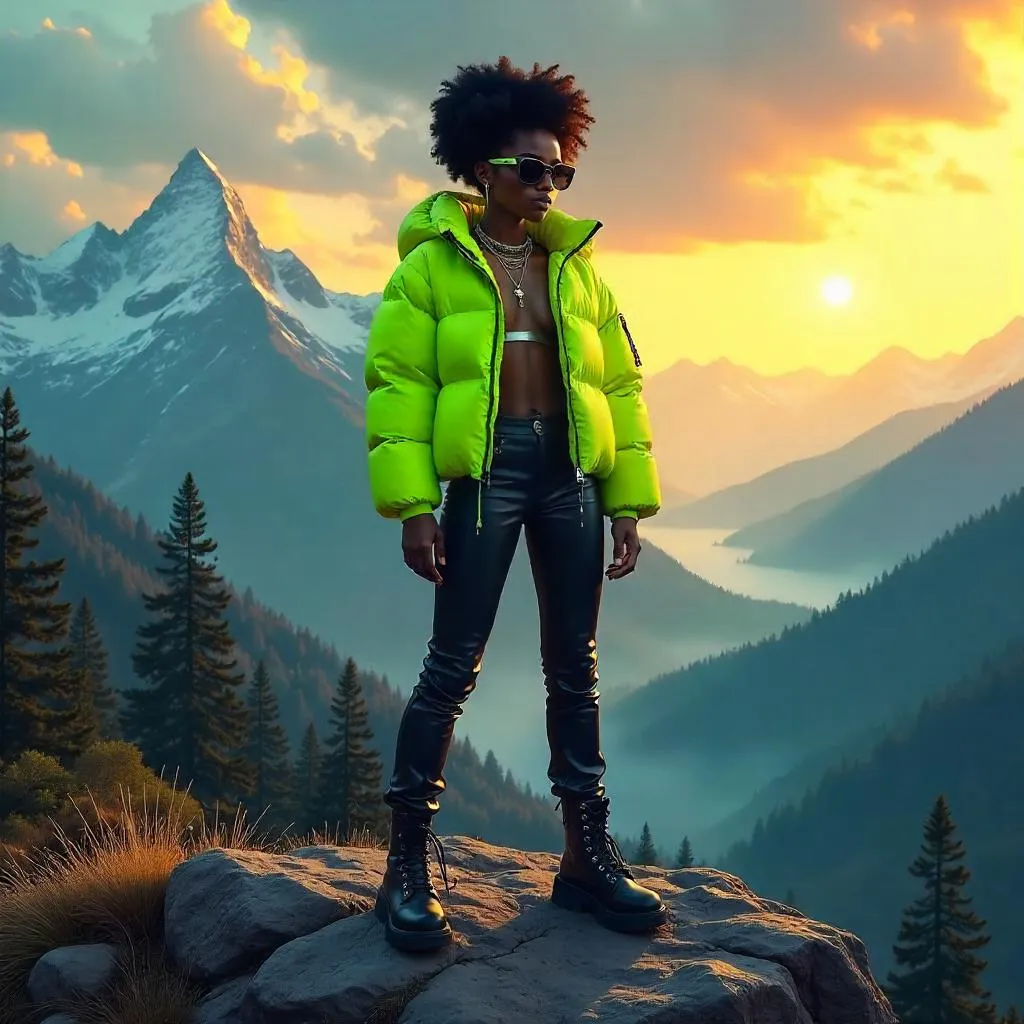 Stylish Black Girl in Misty Mountain Dawn
