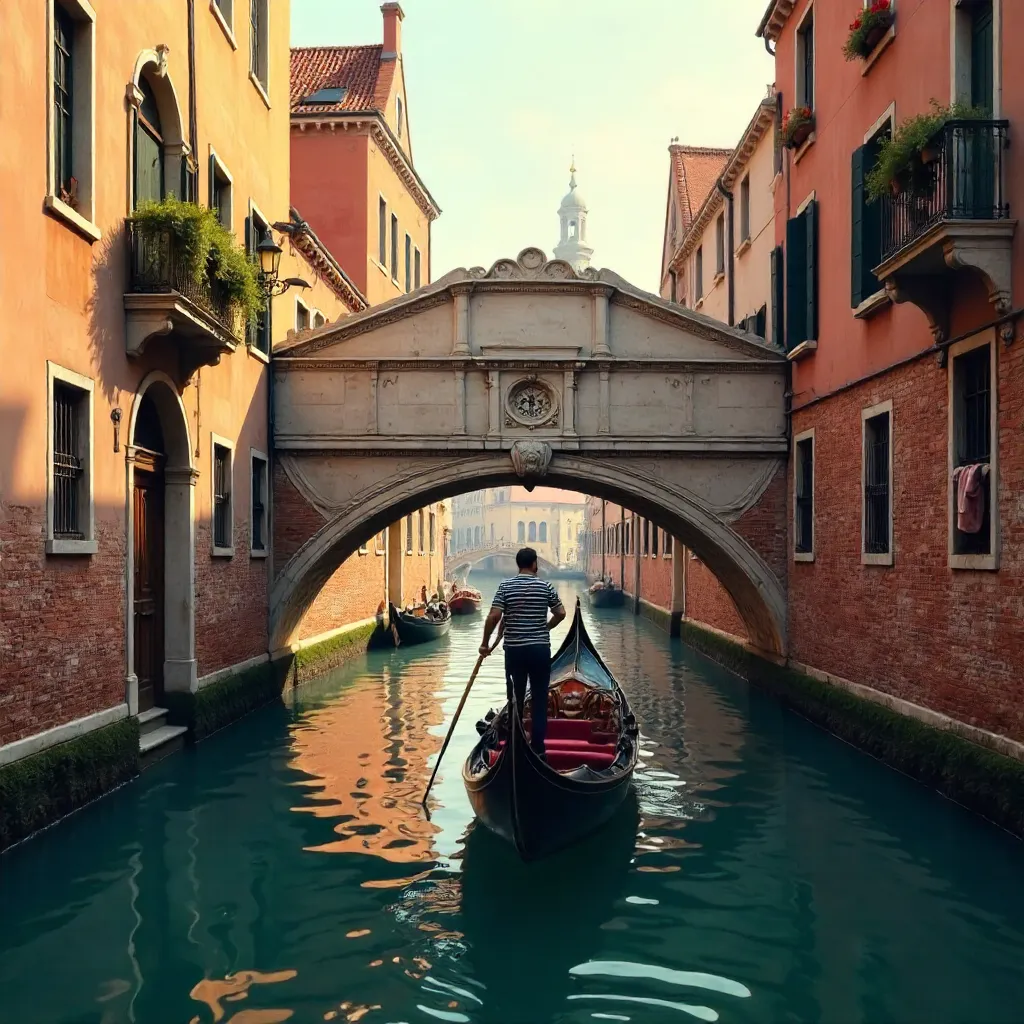 Gondola Gliding Under a Venice Bridge at Dusk