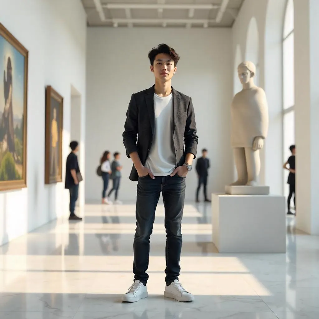 3D Render: Young Asian Man in a Modern Art Gallery