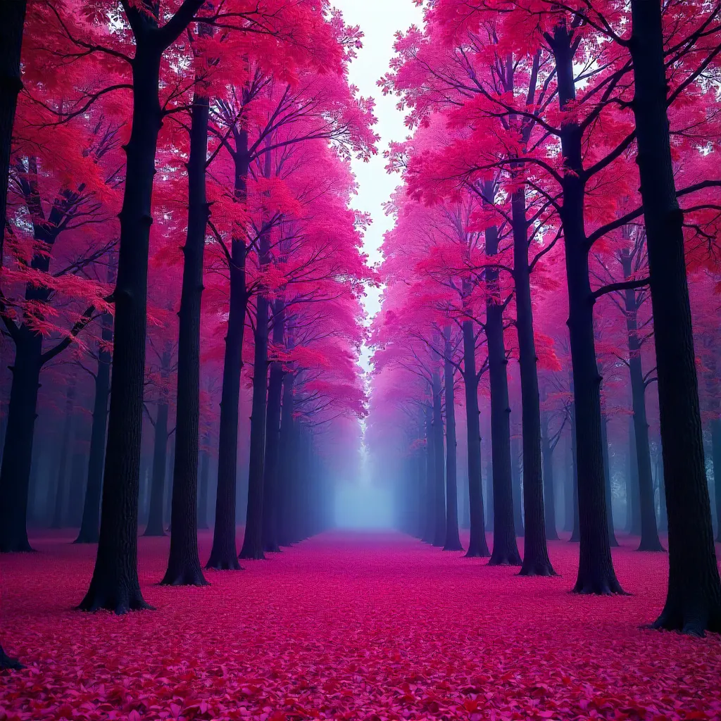 Surreal Infrared Forest: Magenta Foliage and Tall Trees