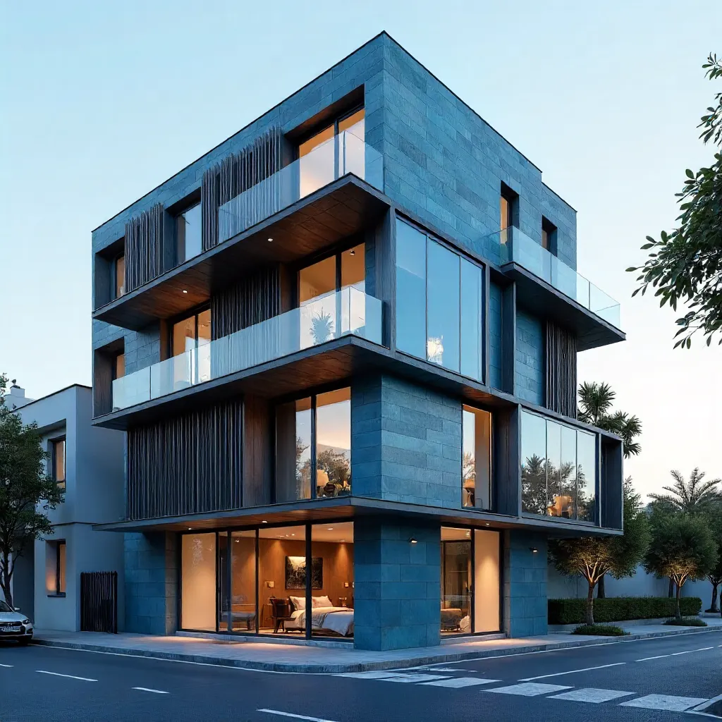 Blue-Toned Contemporary Facade in Barcelona