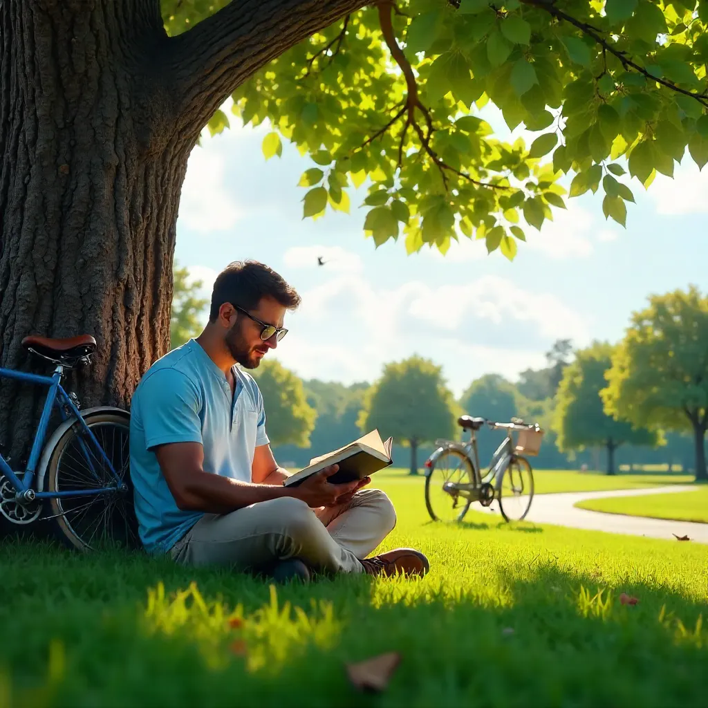 Sunlit Reading Under a Tree with a Bicycle