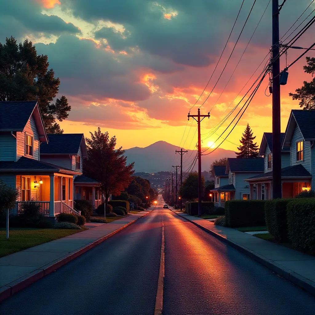 Dusk Suburban Skyline: Power Lines to the Mountains