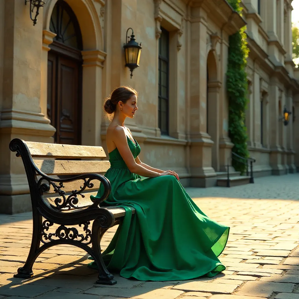 Woman in an Emerald Green Dress by a Historic Building