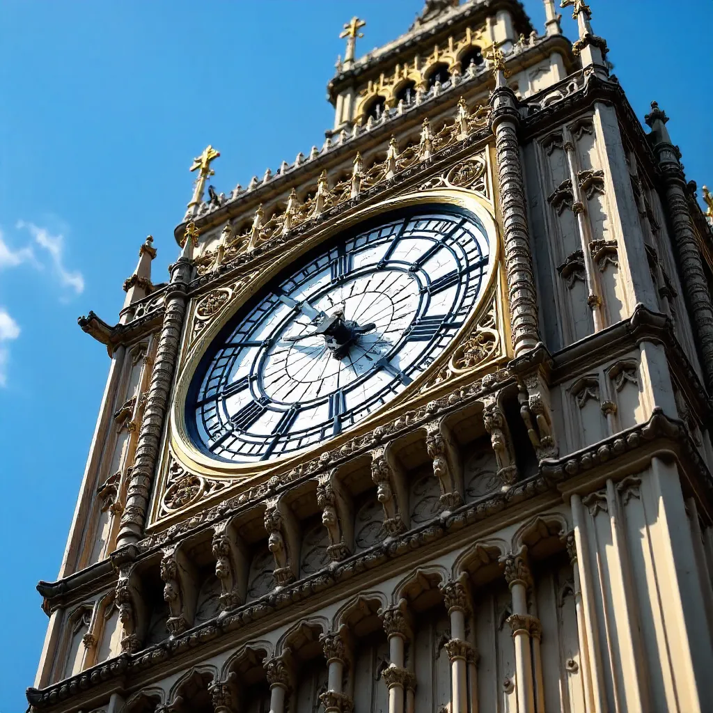 Close-Up of Big Ben Clock Face Under Blue Sky
