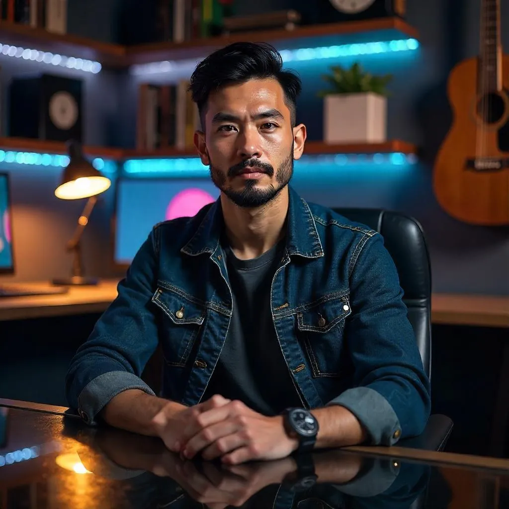 Photorealistic Handsome Asian Man in a Man Cave