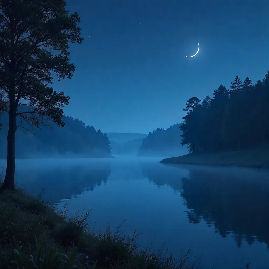 Crescent Moon Over Deep Blue Night Forest