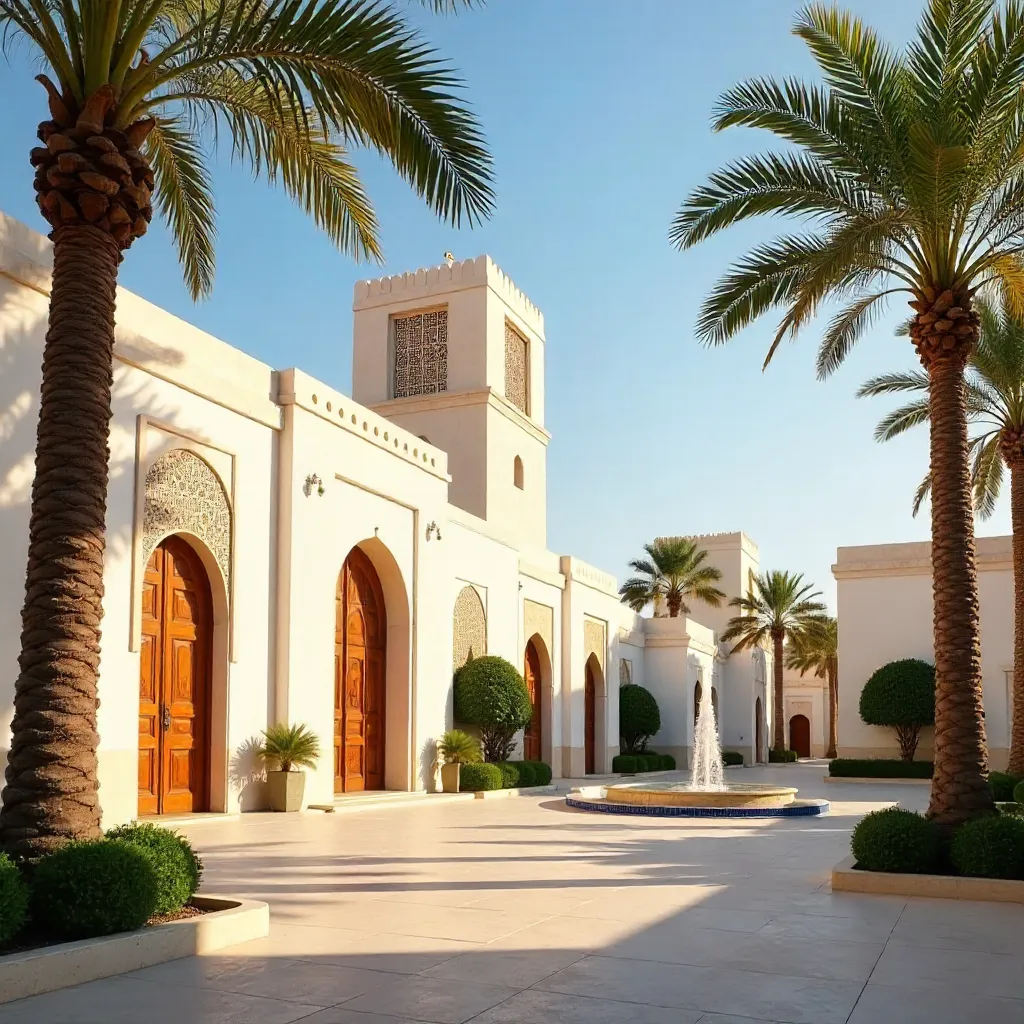 Sunlit Oasis: Traditional Omani Architecture with Palm Trees