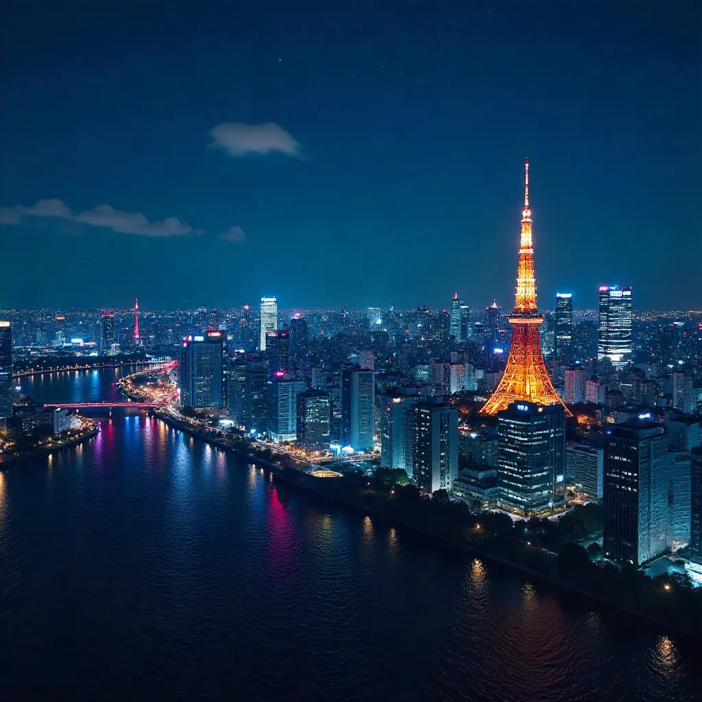 Tokyo Night Skyline with Illuminated Tokyo Tower
