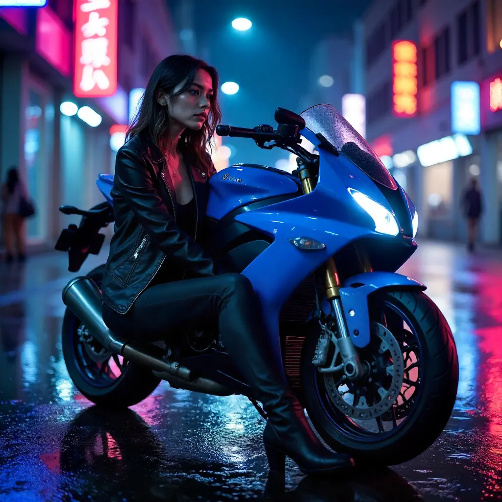 Nighttime Blues: Stylish Woman by a Blue Motorcycle