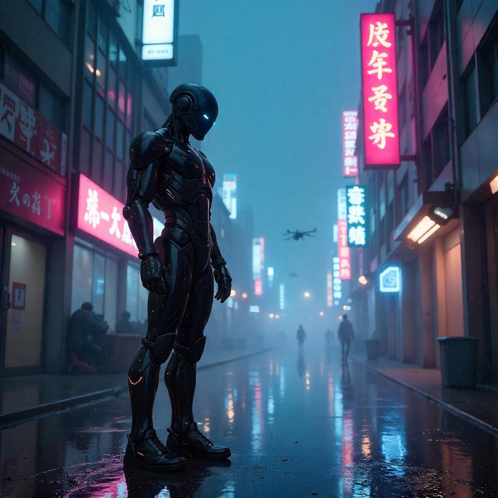 Android in a Foggy Cyberpunk Alley