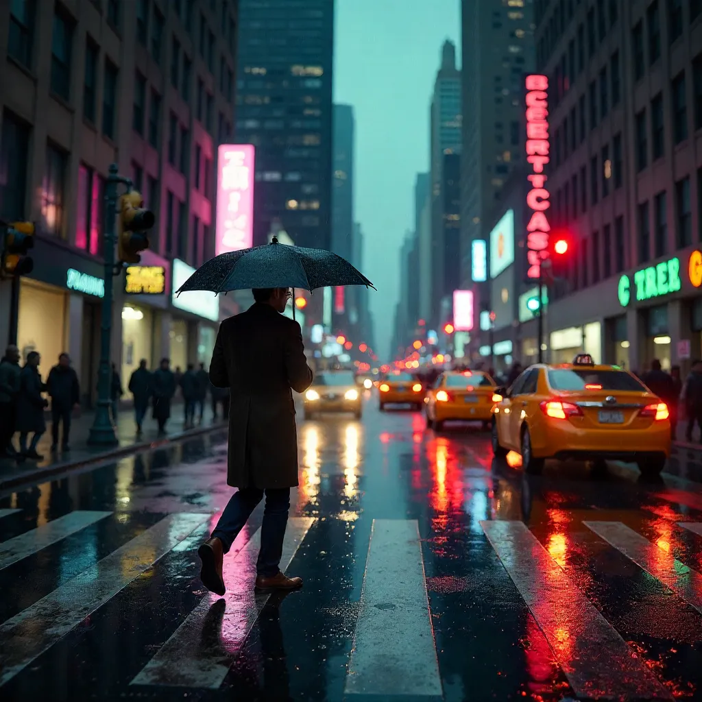 Crossing a Rainy NYC Street with an Umbrella
